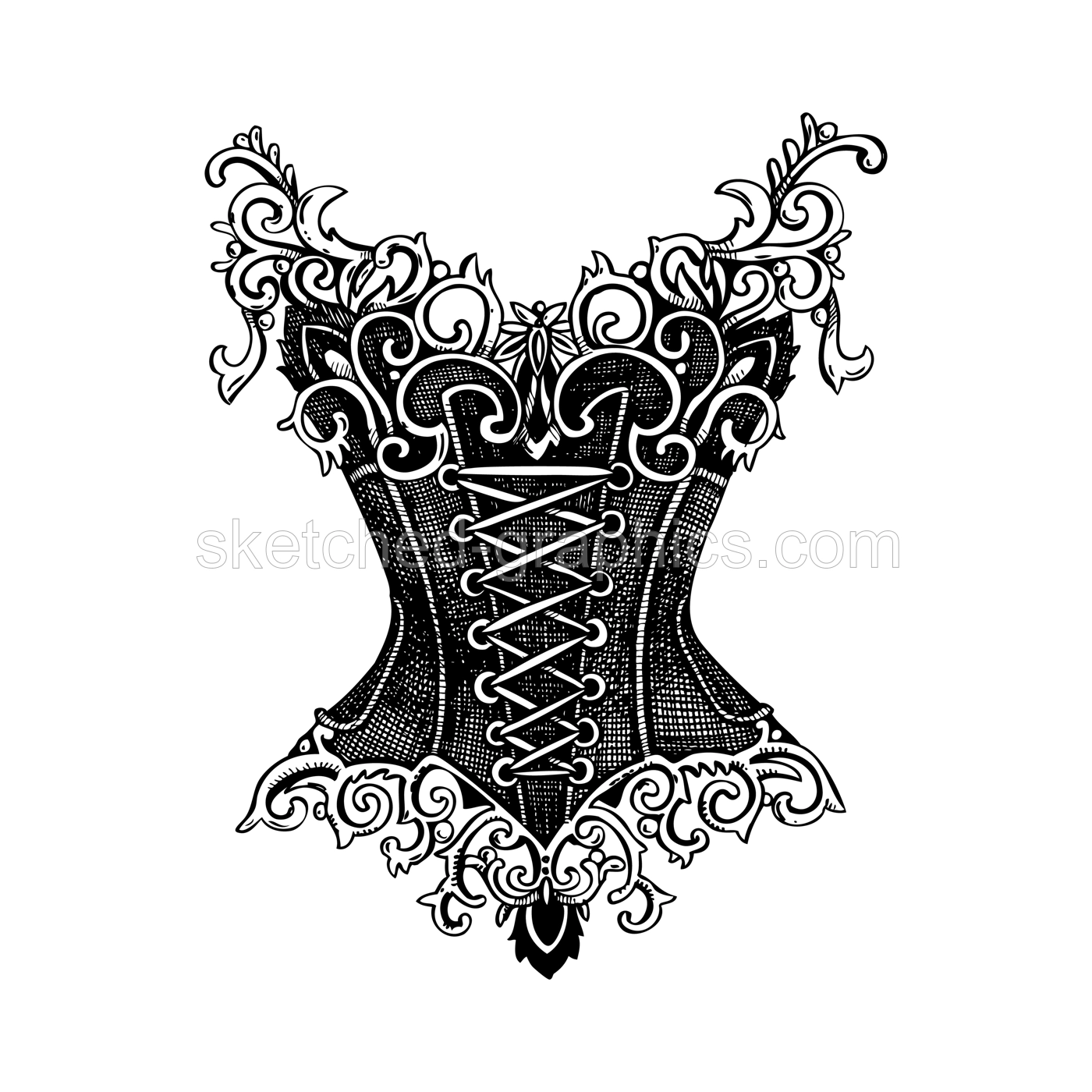 Vintage corset top vector sketch. Romantic gothic fashion illustration. Halloween, dark academia clothes. Hand drawn historical costume design. NOT AI generated Illustration
